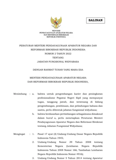 PERATURAN MENTERI PENDAYAGUNAAN APARATUR NEGARA DAN REFORMASI BIROKRASI ...