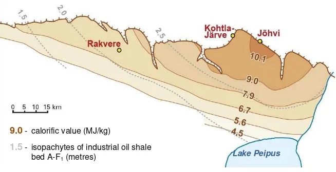 Figure 1. Thickness and calorific value of the oil shale seam in the oil shale deposit of Estonia 