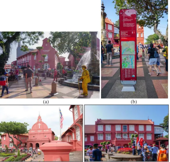 Gambar 1. Kawasan Dutch Square atau Red Square (a); travel informasi (b),  Christ Church Melaka (c) dan Stadthuys (d)