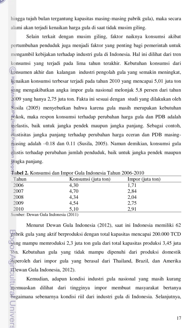 Tabel 2. Konsumsi dan Impor Gula Indonesia Tahun 2006-2010  