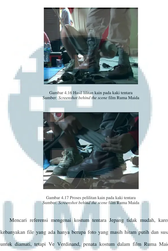 Gambar 4.16 Hasil lilitan kain pada kaki tentara Sumber: Screenshot behind the scene film Ruma Maida