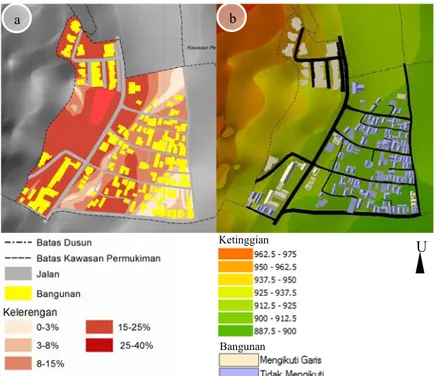 Gambar  3.  a)  Sebaran  Bangunan  Berdasarkan  Kelerengan,  b)  Orientasi  Bangunan  Berdasarkan Garis Kontur/ Topografi (Sumber: Hasil Analisis, 2015) 