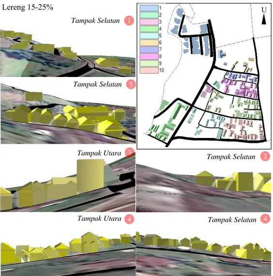 Gambar  5.  Visualisasi  Shadowing  berdasarkan  Tinggi  dan  Jarak  antar  Bangunan  pada  Lereng 15-25% (Sumber: Hasil Analisis, 2015) 