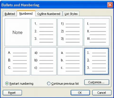 Gambar kotak Bullets and Numbering dengan pilihan Numbered 3. Pilih dan klik bentuk penomoran paragraf yang diinginkan.