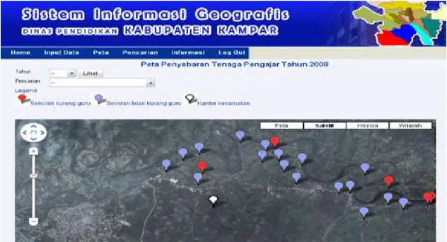 Gambar 5. Tampilan peta penyebaran sekolah  Peta ini dapat dilihat menggunakan citra satelit