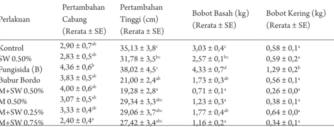 Tabel 3.  Pengaruh Perlakuan Minyak Atsiri dan Fungisida Kimia terhadap Synchytrium pogostemonis pada Pertumbuhan  Tanaman Nilam yang ditanam pada Lahan Endemik Budok pada Umur 6 Bulan