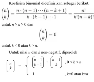 Gambar 3 Pohon pemanggilan fungsi Binomial  Seperti halnya pada penghitungan angka Fibonacci,  kita bisa memperbaiki algoritma di atas dengan program  dinamis