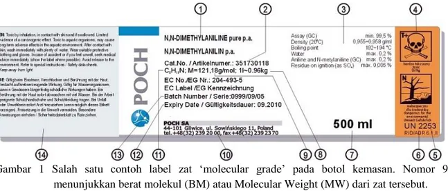Gambar  1  Salah  satu  contoh  label  zat  ‘molecular  grade’  pada  botol  kemasan.  Nomor  9  menunjukkan berat molekul (BM) atau Molecular Weight (MW) dari zat tersebut