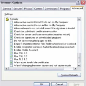 Gambar 2.1. Opsi Penggunaan SSL pada Fitur Security di Dalam Internet Explorer  SSL beroperasi antara protokol komunikasi TCP/IP (Transmission Control 