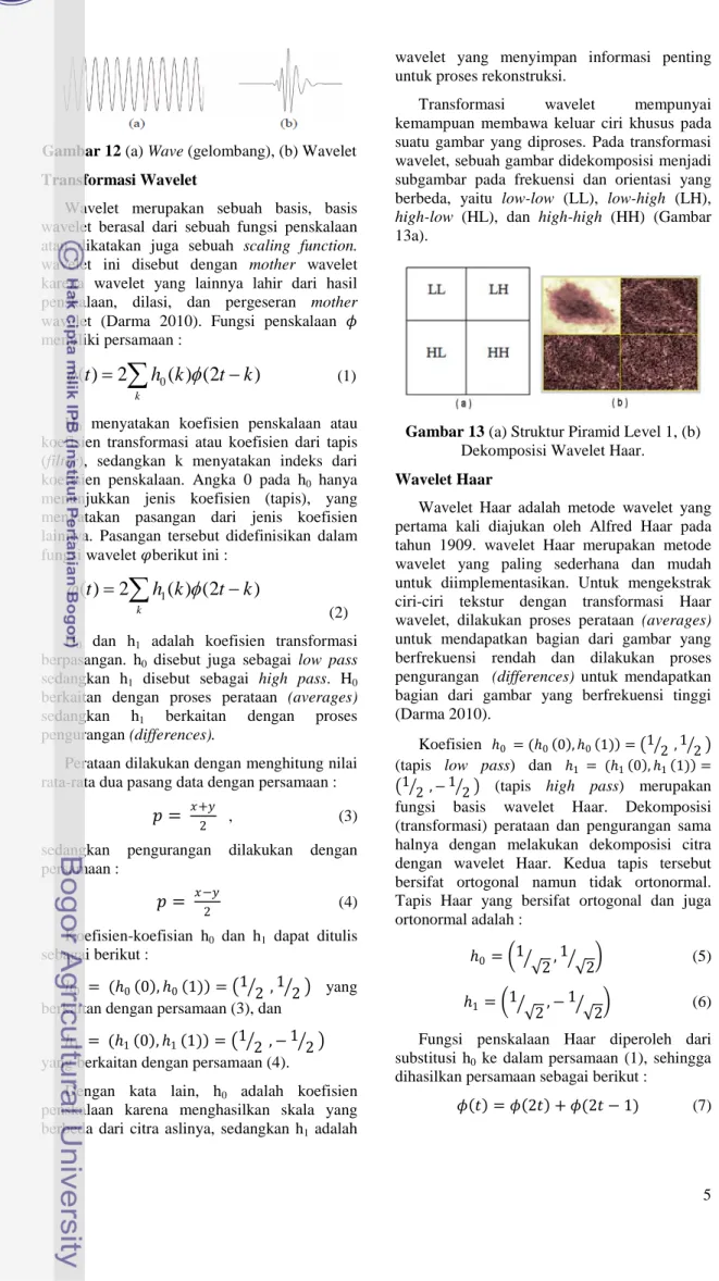Gambar 12 (a) Wave (gelombang), (b) Wavelet  Transformasi Wavelet 