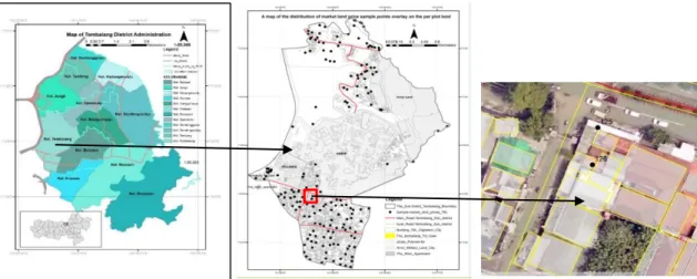 Gambar 1. (a) Peta Administrasi Kelurahan di Kecamatan Tembalang (b) Sebaran peta titik sampel survei  harga pasar  tanah,  dan  contoh  lokasi  titik  sampel  nomor  126  pada petak digital  foto  udara  skala  1:  5.000  tahun 2018 