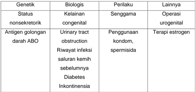 Tabel  2.  Faktor-faktor  yang  Meningkatkan  Kepekaan  Terhadap  Infeksi  Saluran  Kemih (ISK) (Sudoyo, Setiyohadi et al, 2009) 