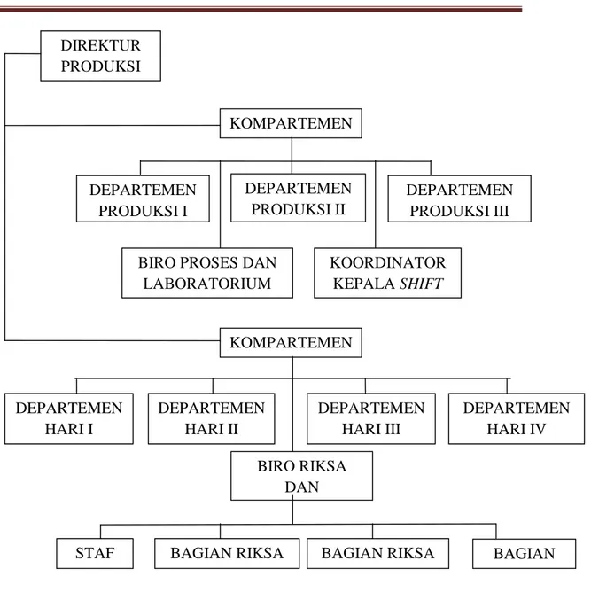 Gambar 3. Keberdaan Bagian Keselamatan Kerja di Dalam Struktur OrganisasiDIREKTURPRODUKSI KOMPARTEMENDEPARTEMENPRODUKSI IDEPARTEMENPRODUKSI II DEPARTEMENPRODUKSI IIIKOORDINATORKEPALA SHIFTBIRO PROSES DAN