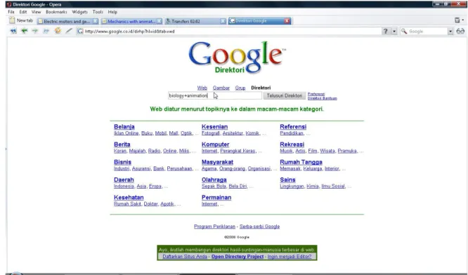 Gambar 3: Mencari informasi dalam direktori yang disediakann oleh Google  C.  CARA DOWNLOAD ARTIKEL, ANIMASI, FLASH DLL 