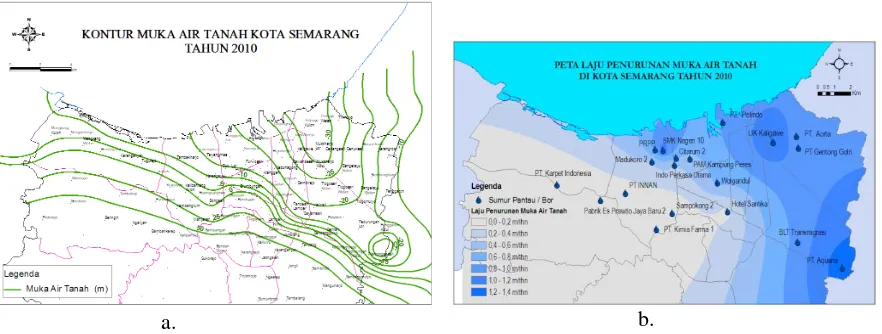 Gambar 2a. Kontur muka air tanah di Kota Semarang tahun 2010 (digambar ulang dari PLG   Badan Geologi,(Sumber data: Taufiq, 2010) 2010)  2b