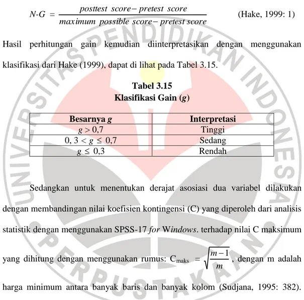 Tabel 3.15  Klasifikasi Gain (g)  Besarnya g  Interpretasi   g &gt; 0,7  Tinggi  0, 3 &lt; g    0,7  Sedang  g    0,3  Rendah  