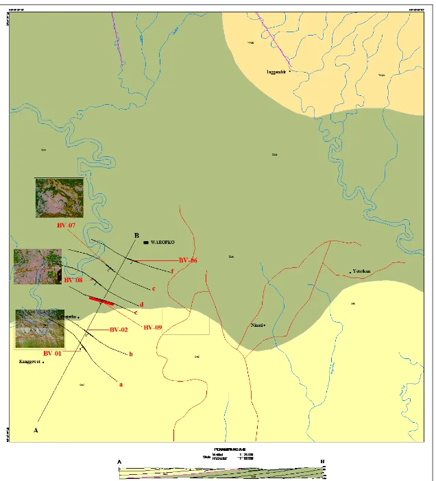 Gambar 4. Peta Geologi &amp; Sebaran Bitumen daerah penyelidikan  (Agus Subarnas 2014, Sumber : Soetrisno &amp; Amiruddin, P3G 1995) Kualitas  Bitumen  Padat  di  daerah 