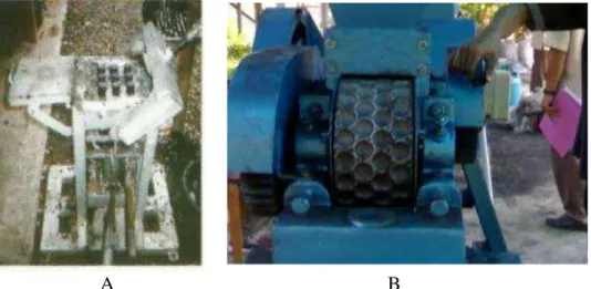 Gambar 5. Mesin briket kempa manual (A) dan lubang pencetak briket arang kontinyu (B) 