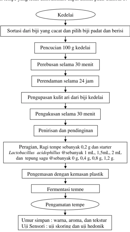 Gambar 3. Diagram alir pembuatan tempe serta penambahan starter   Sumber : Aptesia (2013) yang dimodifikasi 