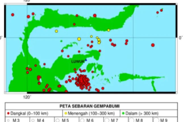 Gambar 3. Peta sebaran gempa bumi di sekitar  Luwuk pada periode 1-30 April 2019  Batasan  koordinat  kejadian  gempa  bumi  yang  dianalisis  pada  penelitian  ini  berada  di  antara  2,5º  LS-1,5º  LU  dan  119º  BT-127º  BT,  dengan  magnitudo  yang  b