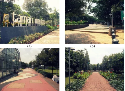 Gambar 9 Kondisi eksisting Taman Menteng: (a) Welcome area, (b) Arah masuk  ke lapangan olahraga, (c) dan (d) Area perkerasan 