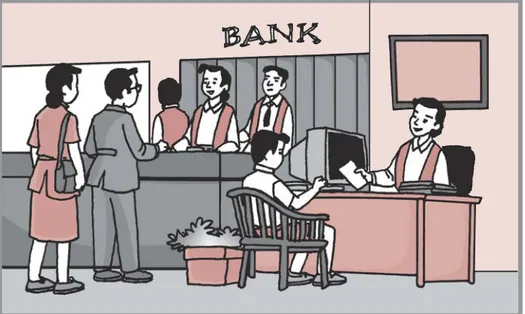 gambar ibu memperlihatkan ktp kepada petugas bank