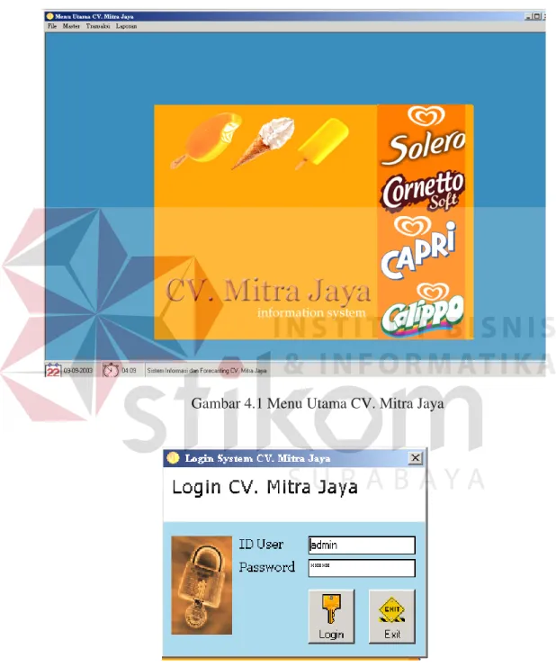 Gambar  4.2  Tampilan  Form  Login  Sistem  CV.  Mitra  Jaya,  selanjutnya  menuju  menu Utama CV