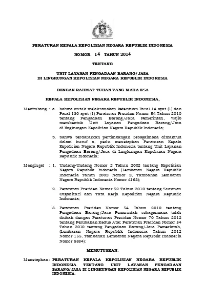 PERATURAN KEPALA KEPOLISIAN NEGARA REPUBLIK INDONESIA NOMOR 14 TAHUN ...