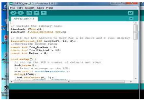 Gambar 4. Tampilan Software pada IDE Arduino Uno  Saat proses inisialisasi programmenjalankan proses sebagai berikut: 