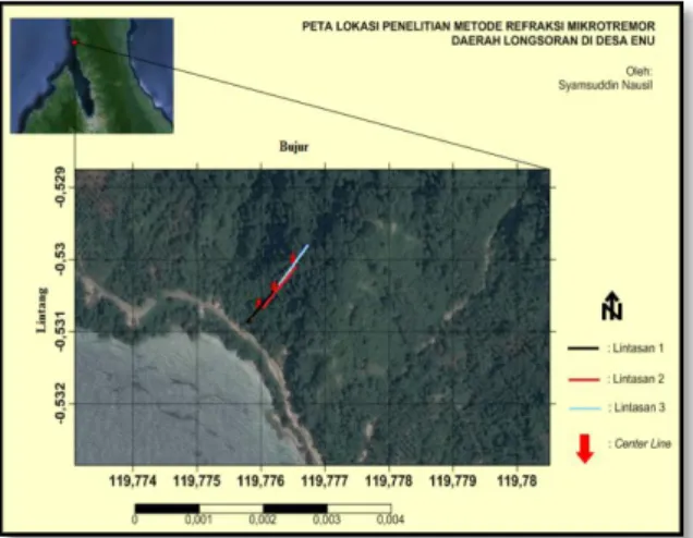Gambar 1.   Posisi lintasan survai seismik  mikrotremor di Enu 
