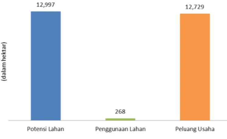 GAmBAR 13.  Peluang	investasi	usaha	perikanan	budidaya	(hektar) maksimal		20		m	(Ditjen	Pengelolaan	Ruang	LautL,	2015,	2015,	2015).	Dari		luasnya		lahan		tersebut,		hanya		sebagian		kecil		yaitu	sekitar	268,25	hektar	(2,06%)	yang	sudah	dimanfaatkan	untuk	mengembangkan	budidaya	perikanan.	Hal	ini	menun-jukkan	besarnya	peluang	usaha	budidaya	perikanan	di	wilayah	Kabupaten	Natuna.	Dengan		luasnya		lahan		yang		masih		da-pat		dimanfaatkan		untuk		budidaya		perikanan,	diperkirakan		terdapat		454.175,97		ton/tahun		hasil		budiaya		yang		dapat		diperoleh		dari	budidaya		laut,		budidaya		payau		dan		air		ta-war	(Ditjen	Pengelolaan	Ruang	Laut,	2015).