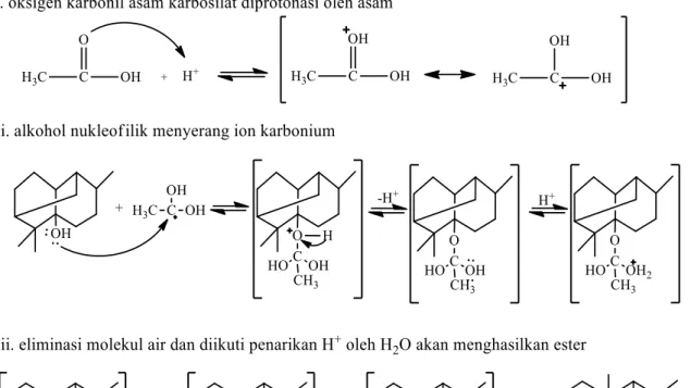Gambar 2.3. Reaksi esterifikasi dengan asam asetat pada patchouli  alkohol menghasilkan patchouli asetat (Bulan, 2004) 