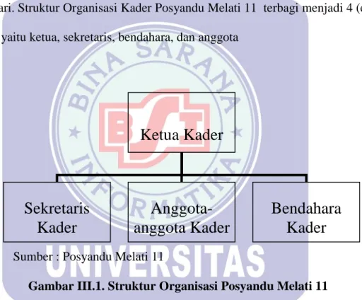Gambar III.1. Struktur Organisasi Posyandu Melati 11  Fungsi dari tiap-tiap bagian sebagai berikut : 