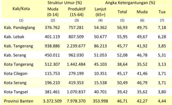 Tabel 2.5   Struktur Umur dan Angka Ketergantungan Provinsi Banten Menurut   Kabupaten/Kota, 2014 