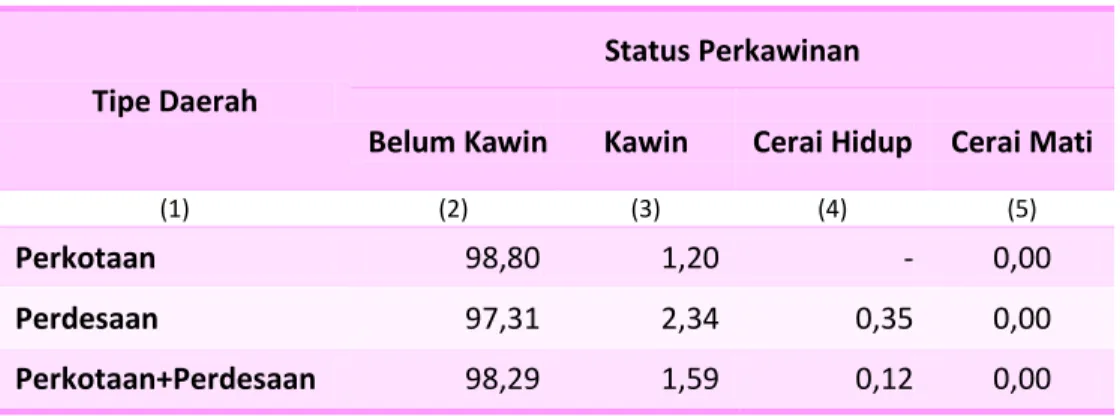 Tabel 4.3   Persentase Anak Perempuan 10-17 Tahun Menurut Status   Perkawinan dan Tipe Daerah di Provinsi Banten, 2014 