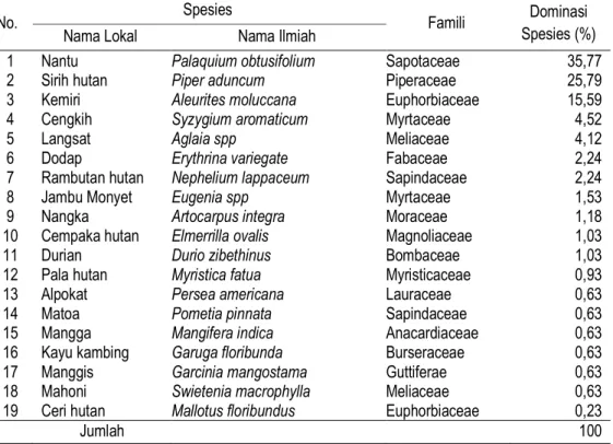 Tabel  6  menunjukkan  bahwa  secara  rata- rata-rata, dominasi spesies tertinggi ada pada sirih hutan  (Piper  aduncum)  sebesar  61,56%,  sedangkan  terendah  ada linggua  (Pteocarpus indicus),  beringin  (Ficus  benyamina),  amu  hutan  (Artocarpus  com