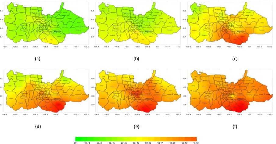 Gambar 1. Indeks kebencanaan iklim wilayah Bogor tahun: (a) 2012, (b) 2015, (c) 2020, (d) 2025, (e) 2030, (f) 2035 