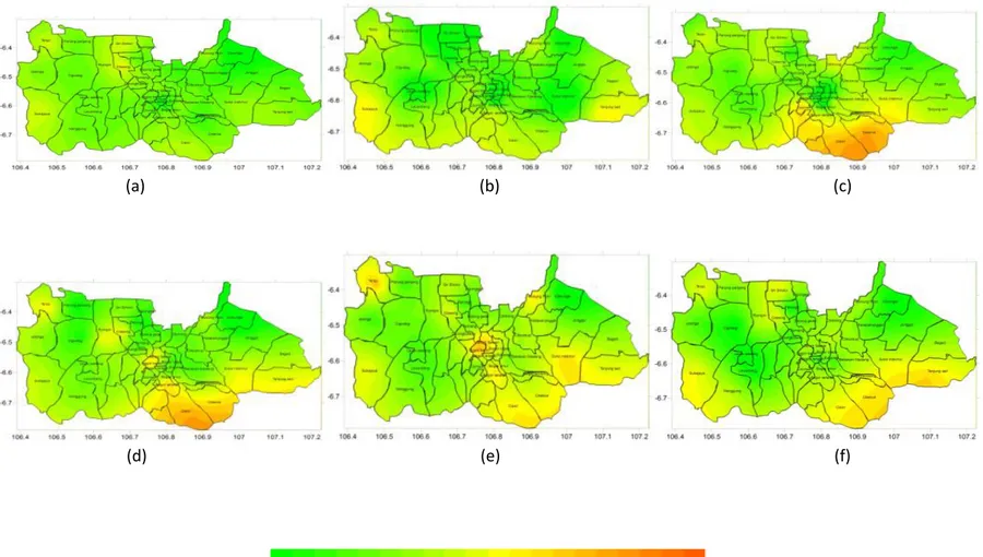 Gambar 2. Indeks kerentanan iklim wilayah Bogor tahun: (a) 2012, (b) 2015, (c) 2020, (d) 2025, (e) 2030, (f) 2035 