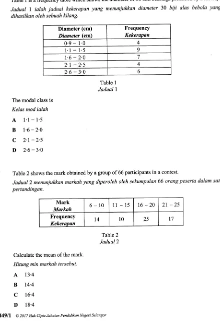 Table 1 is a frequency table which shows the diameter of 30 ball bearings produced by a factory.! biii 