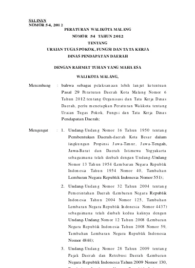 SALINAN PERWAL NOMOR 054 TAHUN 2012 TENTANG URAIAN TUGAS POKOK FUNGSI ...