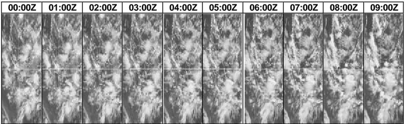 Gambar 2. Perubahan citra satelit dengan waktu dalam zona antara (15 o  LU dan 15 o  LS) dan (90 o  s.d  120 o  BT) pada tanggal 20 April 2000 dari 00:00Z s.d 09:00Z