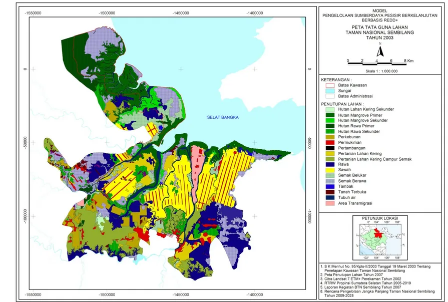Gambar 30    Peta tata guna lahan di TNS dan frontier area (Kabupaten Banyuasin) pada tahun 2003