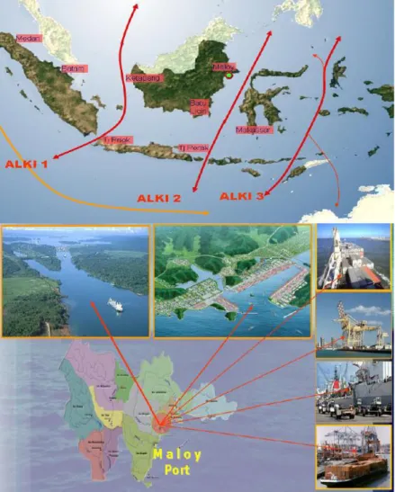 Gambar 5.  Letak Kabupaten Kutai Timur di peta Indonesia dan letak KIM di  peta Kabupaten Kutai Timur 