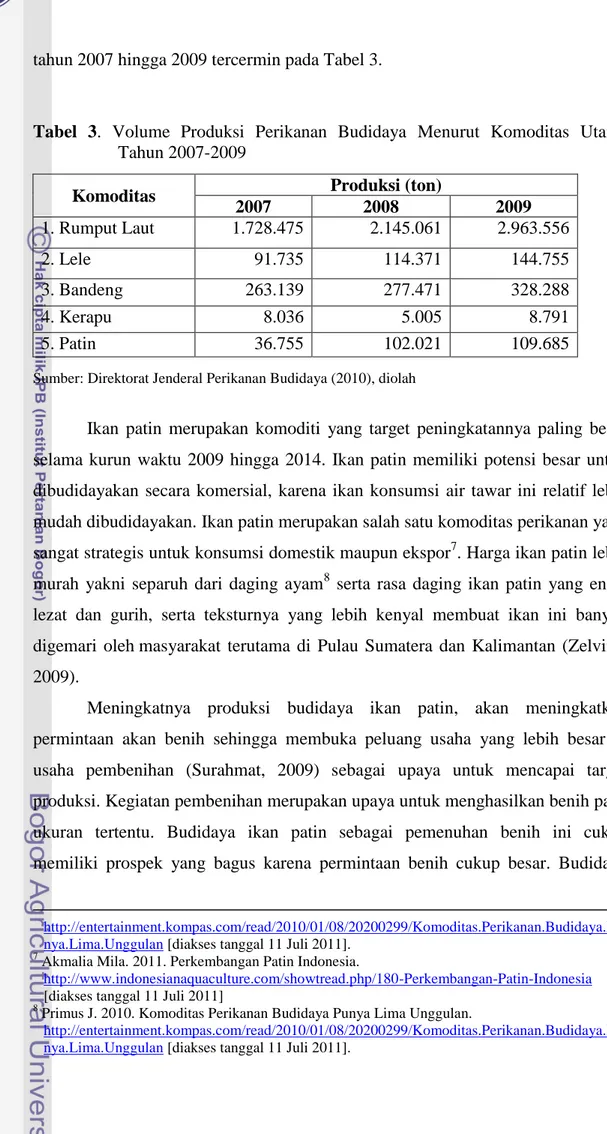 Tabel  3.  Volume  Produksi  Perikanan  Budidaya  Menurut  Komoditas  Utama  Tahun 2007-2009 
