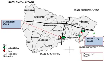 Gambar 1. Peta pesebaran lokasi kasus difteri di Kabupaten Ngawi 2015  