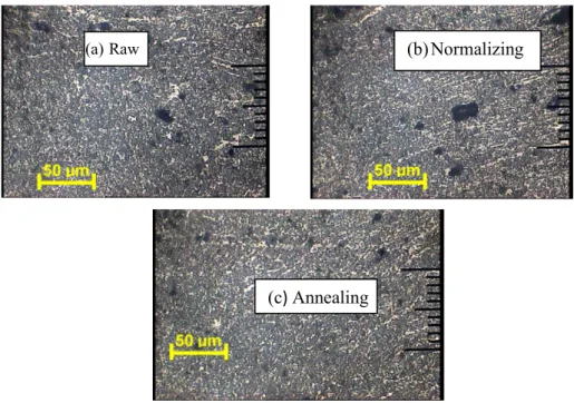 Gambar 12. Struktur mikro daerah HAZ (a) Raw, (b) Normalizing, (C) Annealing, pembesaran 200x 