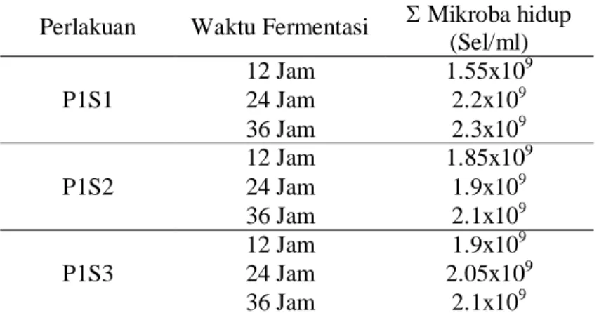 Tabel  5. Total mikroba hidup selama fermentasi selama 36 jam.