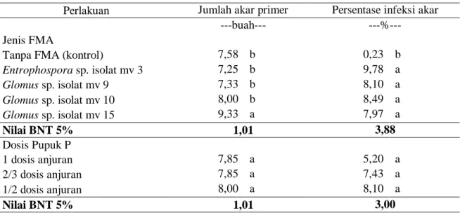 Tabel 4.  Jumlah akar primer  dan persentase  infeksi akar kelapa sawit  yang diberi beberapa  jenis  FMA dan dosis pupuk P pada umur 26 MST 