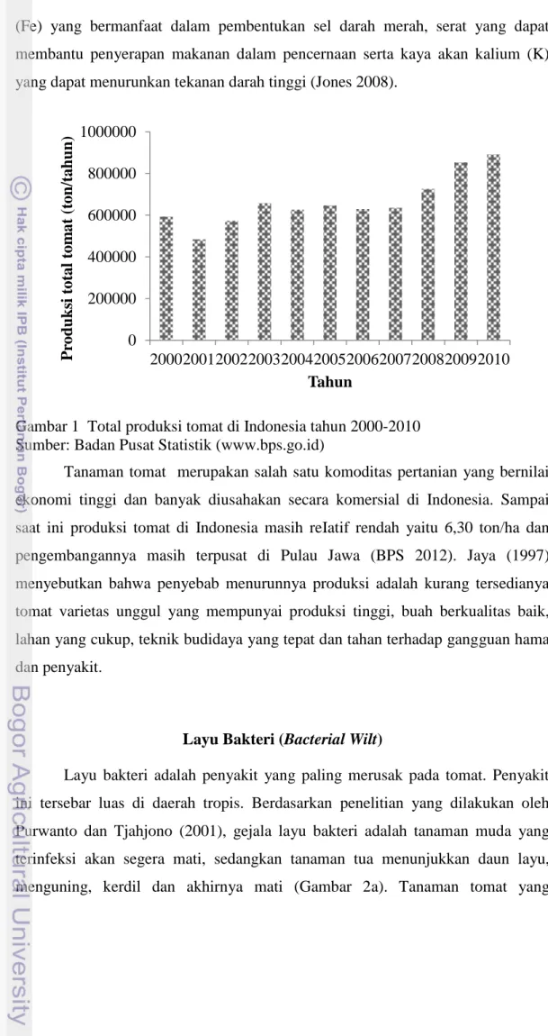 Gambar 1  Total produksi tomat di Indonesia tahun 2000-2010  Sumber: Badan Pusat Statistik (www.bps.go.id) 