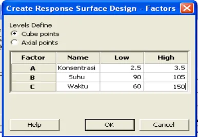 Gambar LA-4 Kotak Dialog Create Response Surface Design-Designs 